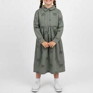 TinyCottons Fish & Chips Girls Midi Smock Shirt Dress Cotton Olive Green Size 6Y